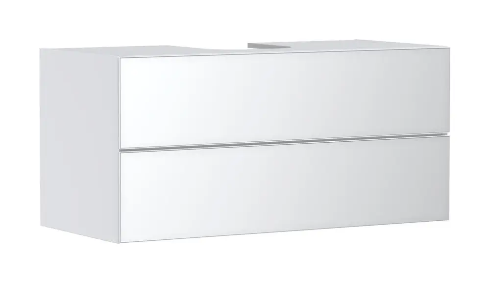 Weißer Waschtischunterschrank von Hansgrohe mit zwei Schubkästen und durchgehend glatter Oberfläche. Anspruchsvolles Design für moderne Badezimmergestaltung.